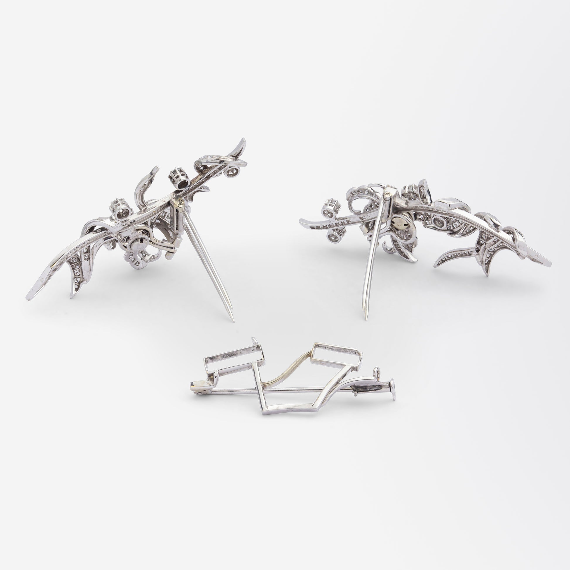 French Convertible Double Clip Diamond Floral Spray Brooch and Ear Clips