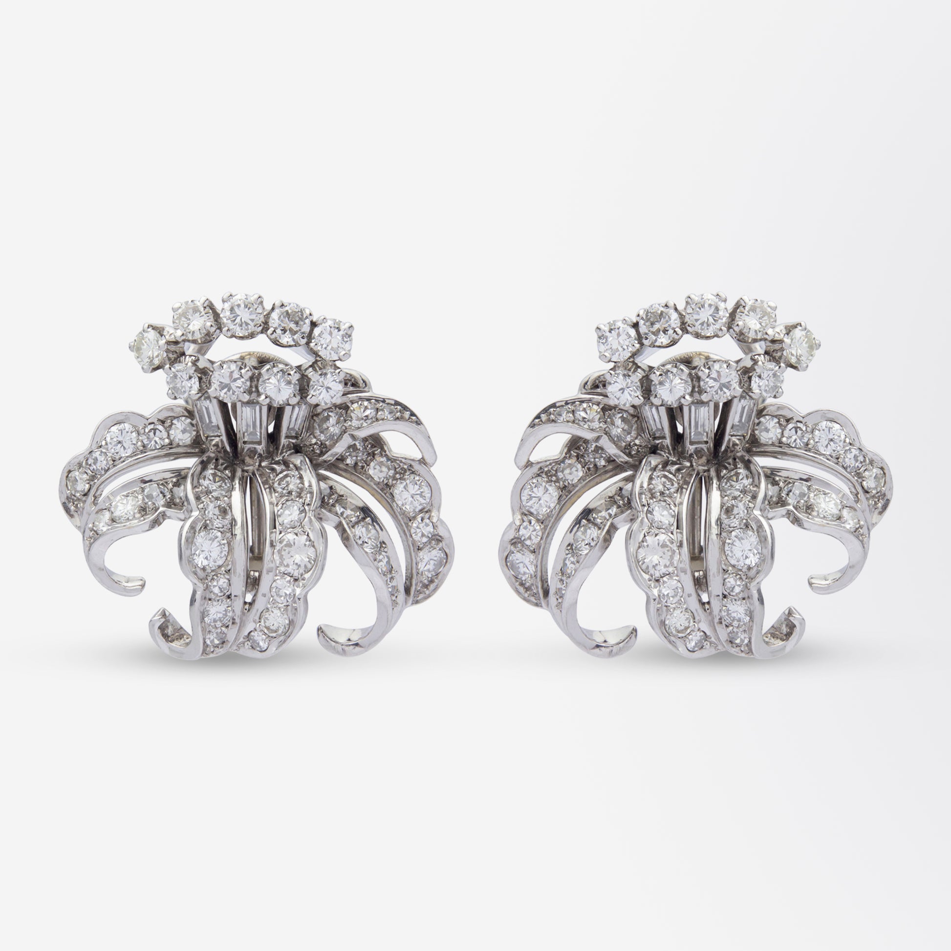 French Convertible Double Clip Diamond Floral Spray Brooch and Ear Clips