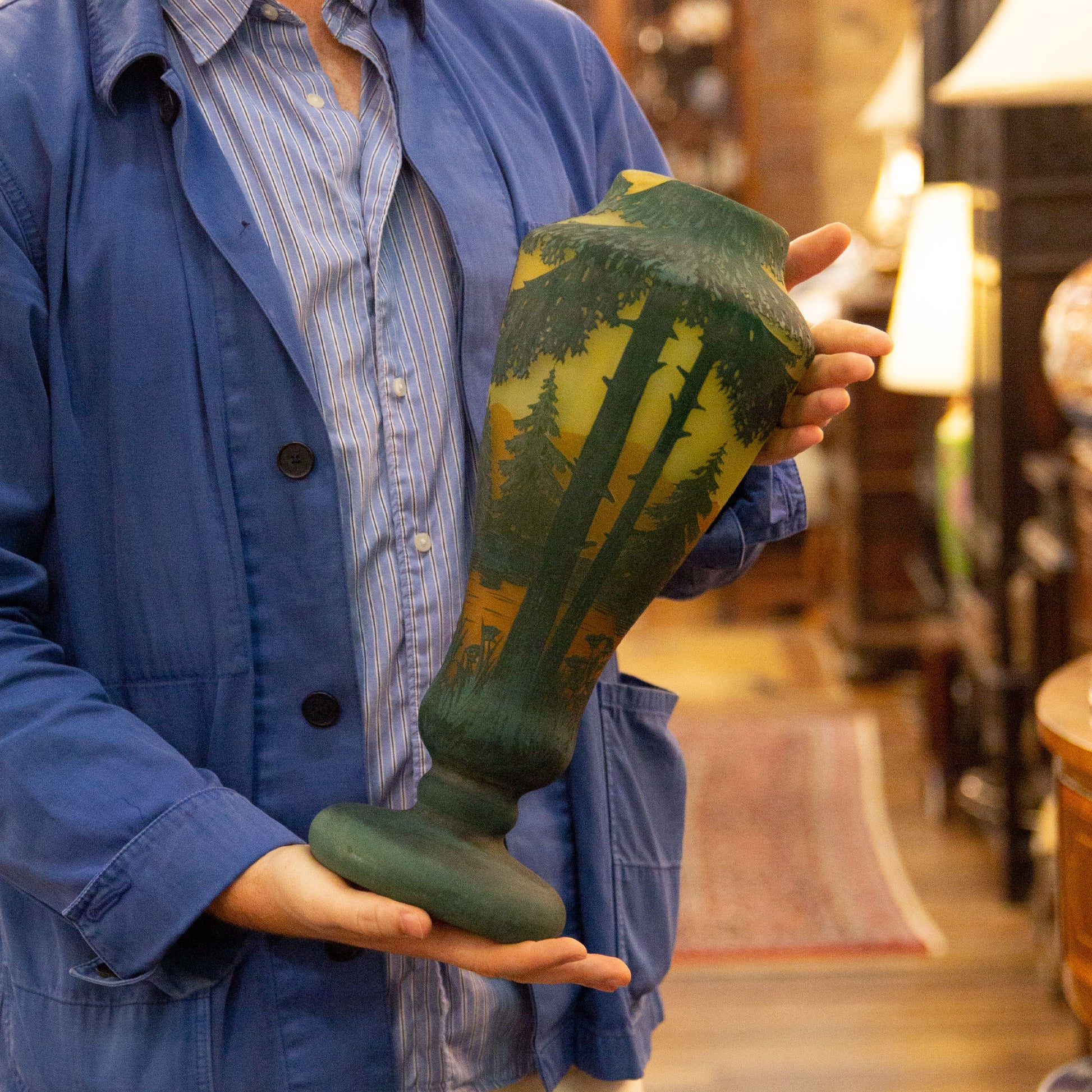 Signed Daum Art Nouveau Cameo Glass Vase with Lake Scene