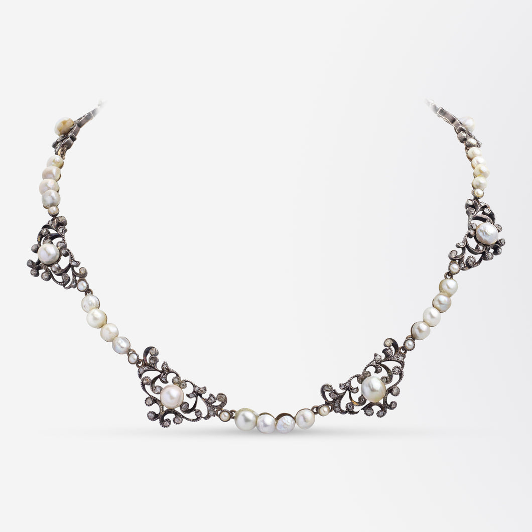 Georgian Natural Pearl and Diamond Necklet