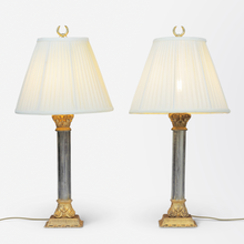 Load image into Gallery viewer, Pair of Glass Column &amp; Brass Base Table Lamps