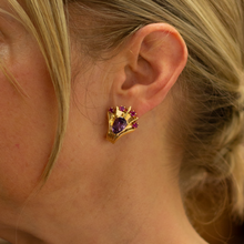 Load image into Gallery viewer, Retro Period 14kt Gold, Ruby and Amethyst &#39;Peacock&#39; Earrings