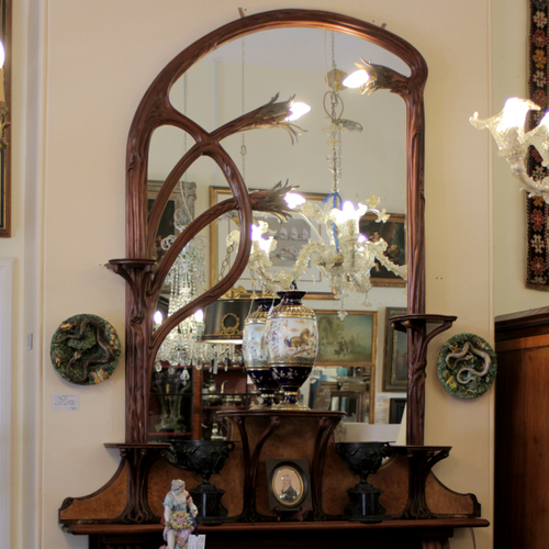 Art Nouveau Mahogany Illuminated Mirror - The Antique Guild