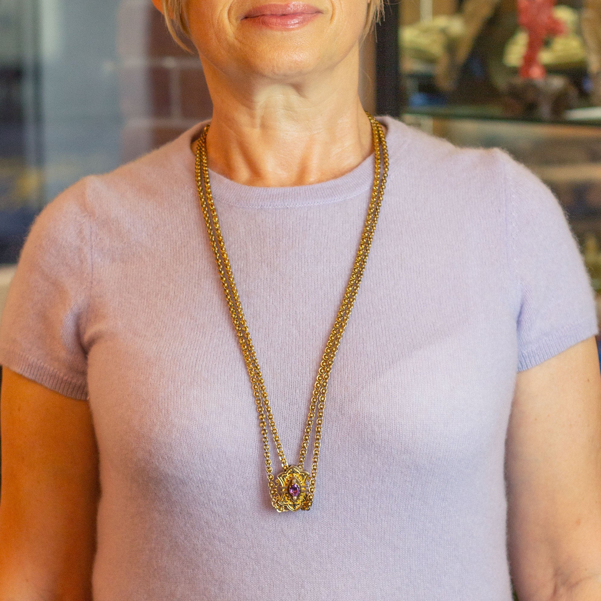 19th Century, English, 9kt Yellow Gold Muff Chain with Slider Pendant