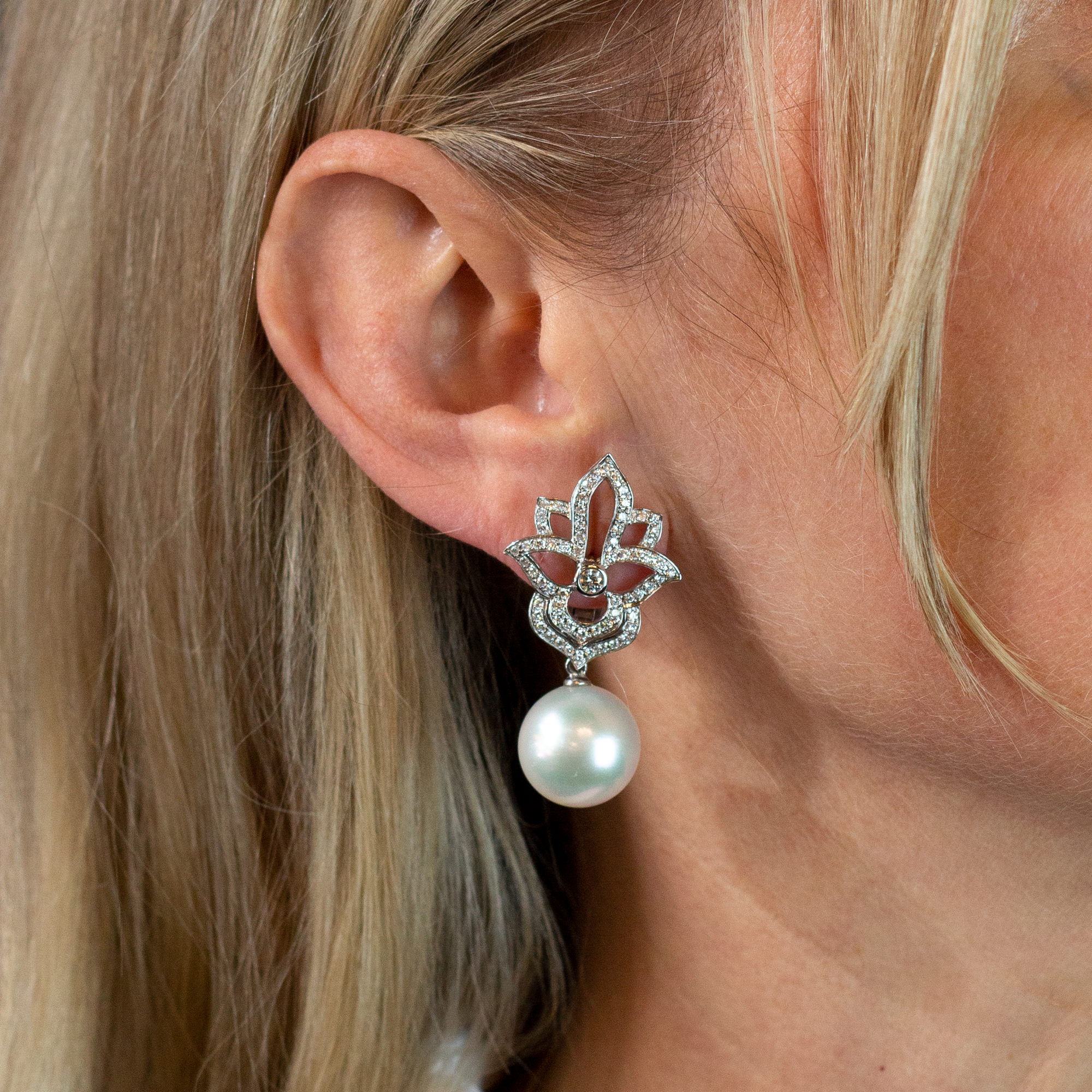 18kt White Gold, Diamond, and South Sea Pearl Earrings