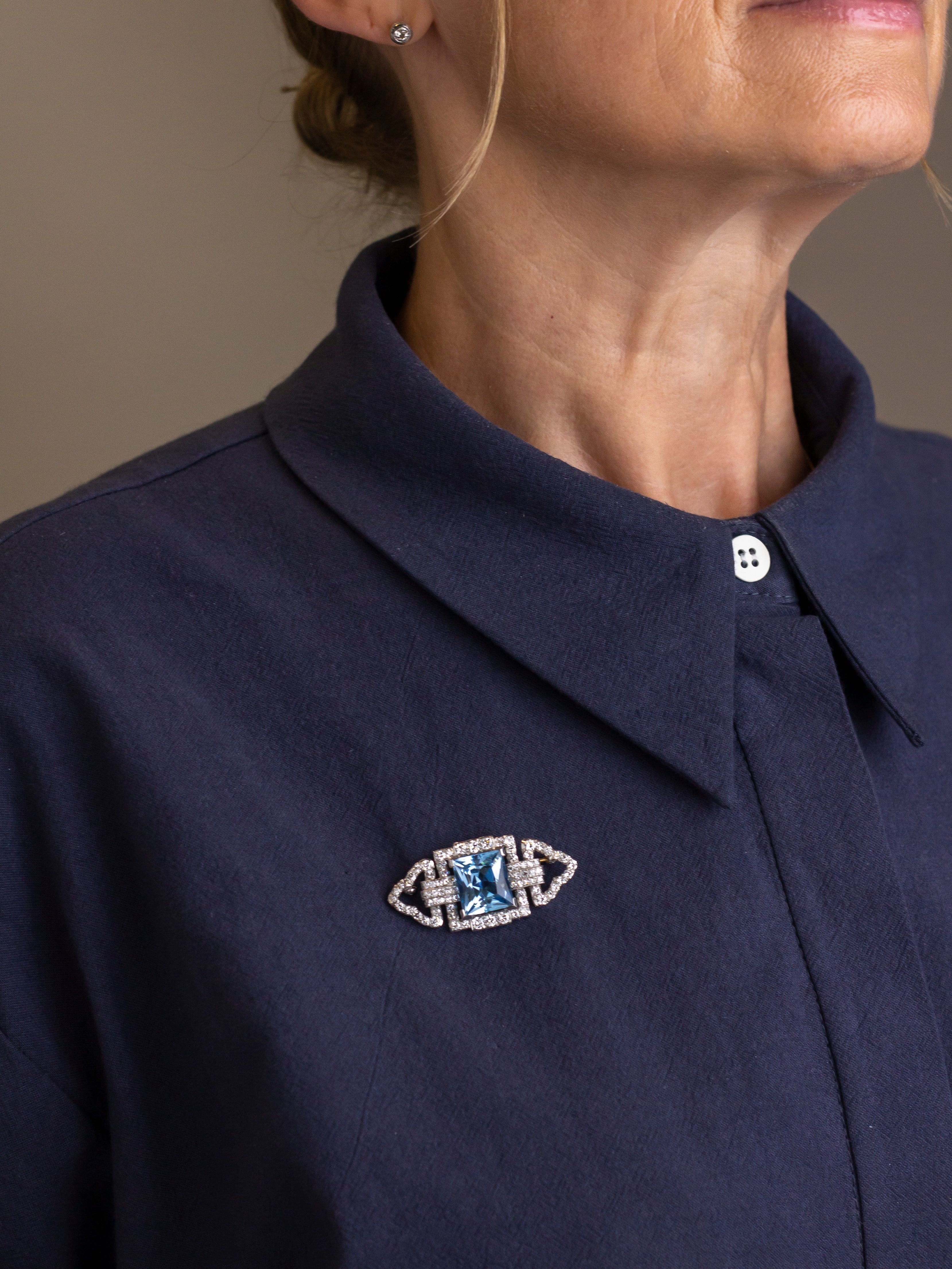 Handmade Platinum and 14kt Yellow Gold 79 Stone Diamond & Aquamarine Art Deco Plaque Brooch