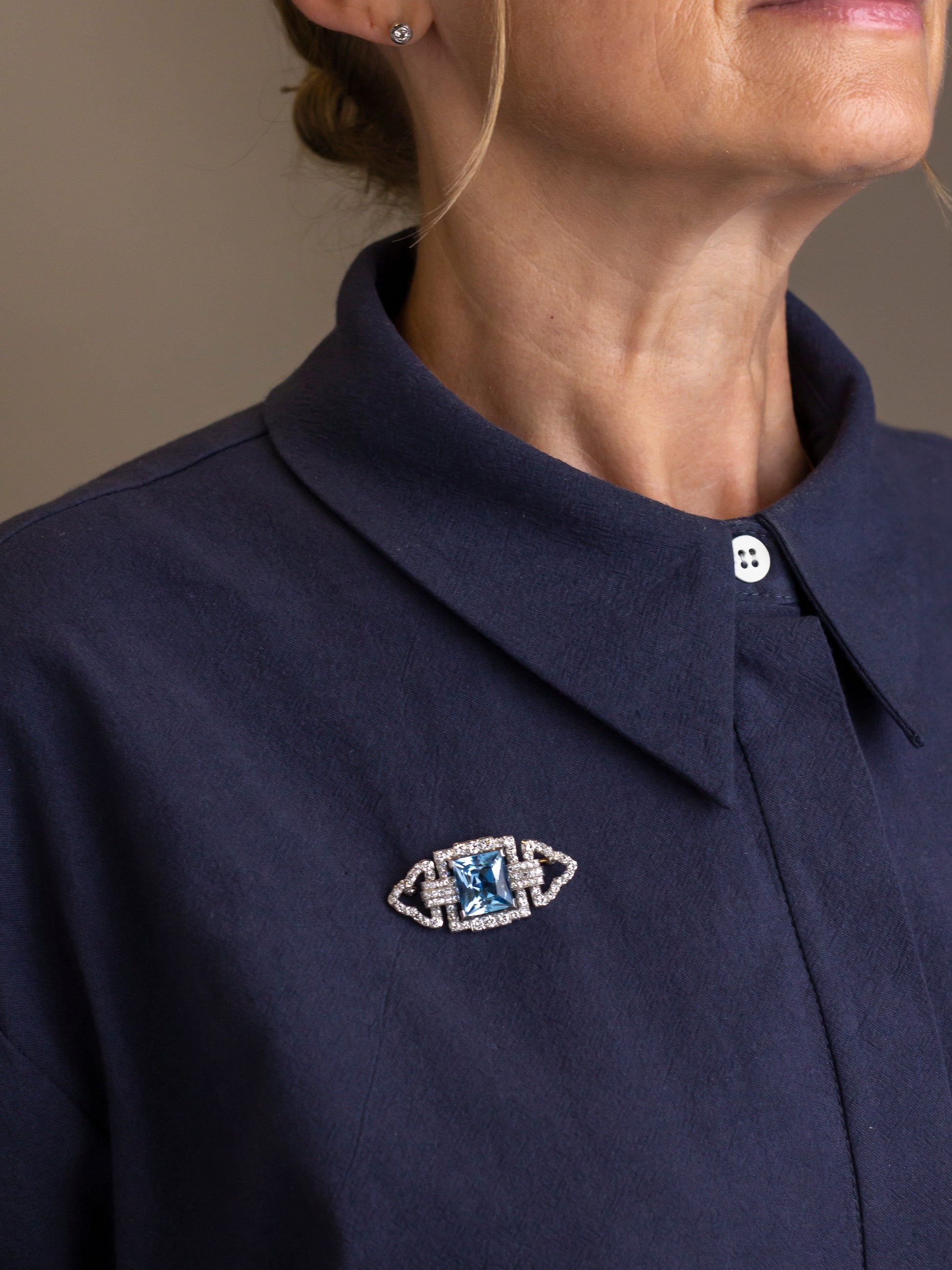 Handmade Platinum and 14kt Yellow Gold 79 Stone Diamond & Aquamarine Art Deco Plaque Brooch