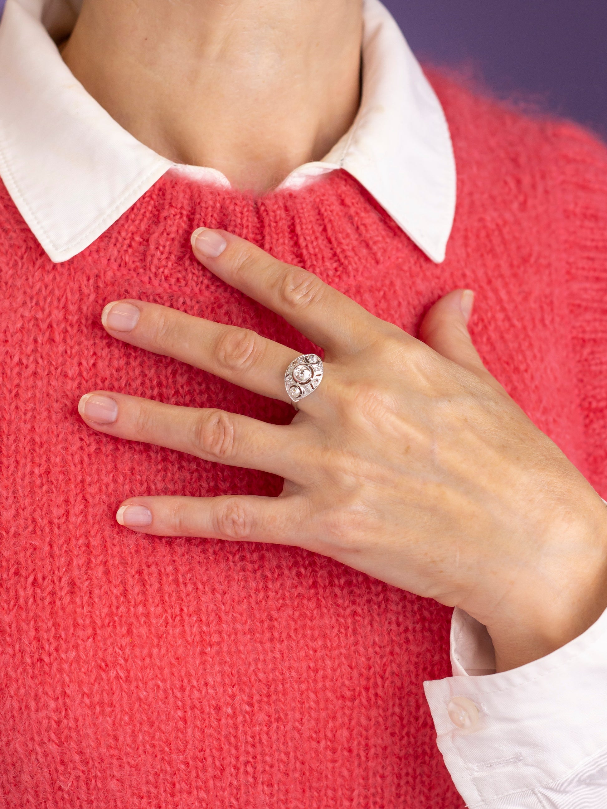 French Art Deco Platinum Ring with Old Cut Diamonds