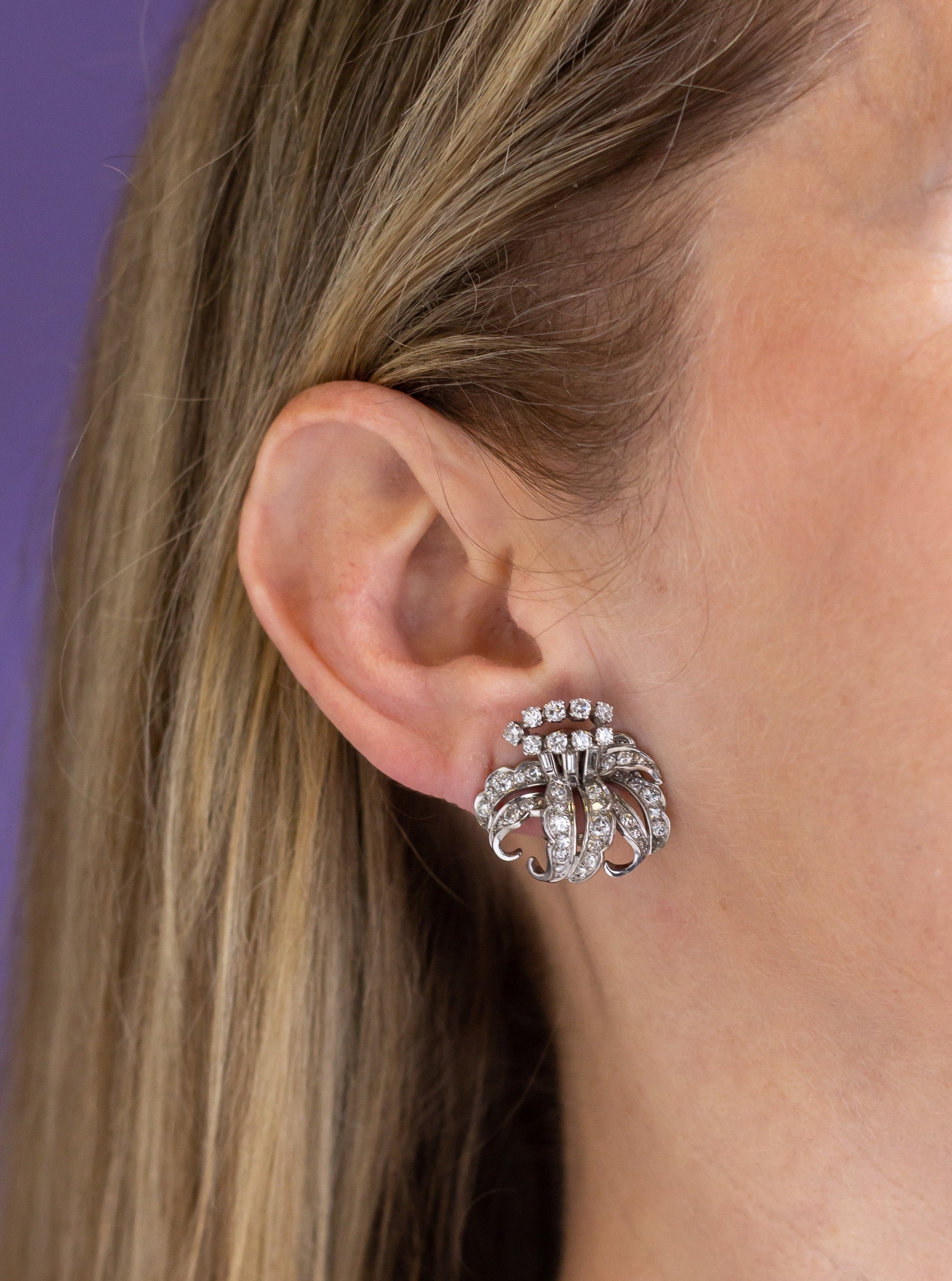 French Convertible Double Clip Diamond Floral Spray Brooch and Ear Clips