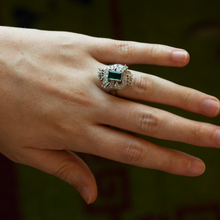 Load image into Gallery viewer, Retro Period, Platinum, Diamond and Emerald Cocktail Ring