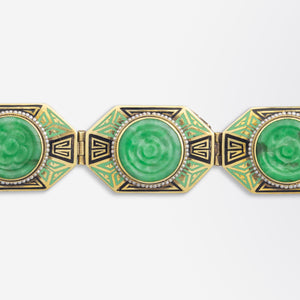 Art Deco 14kt Gold Jadeite and Enamel Bracelet