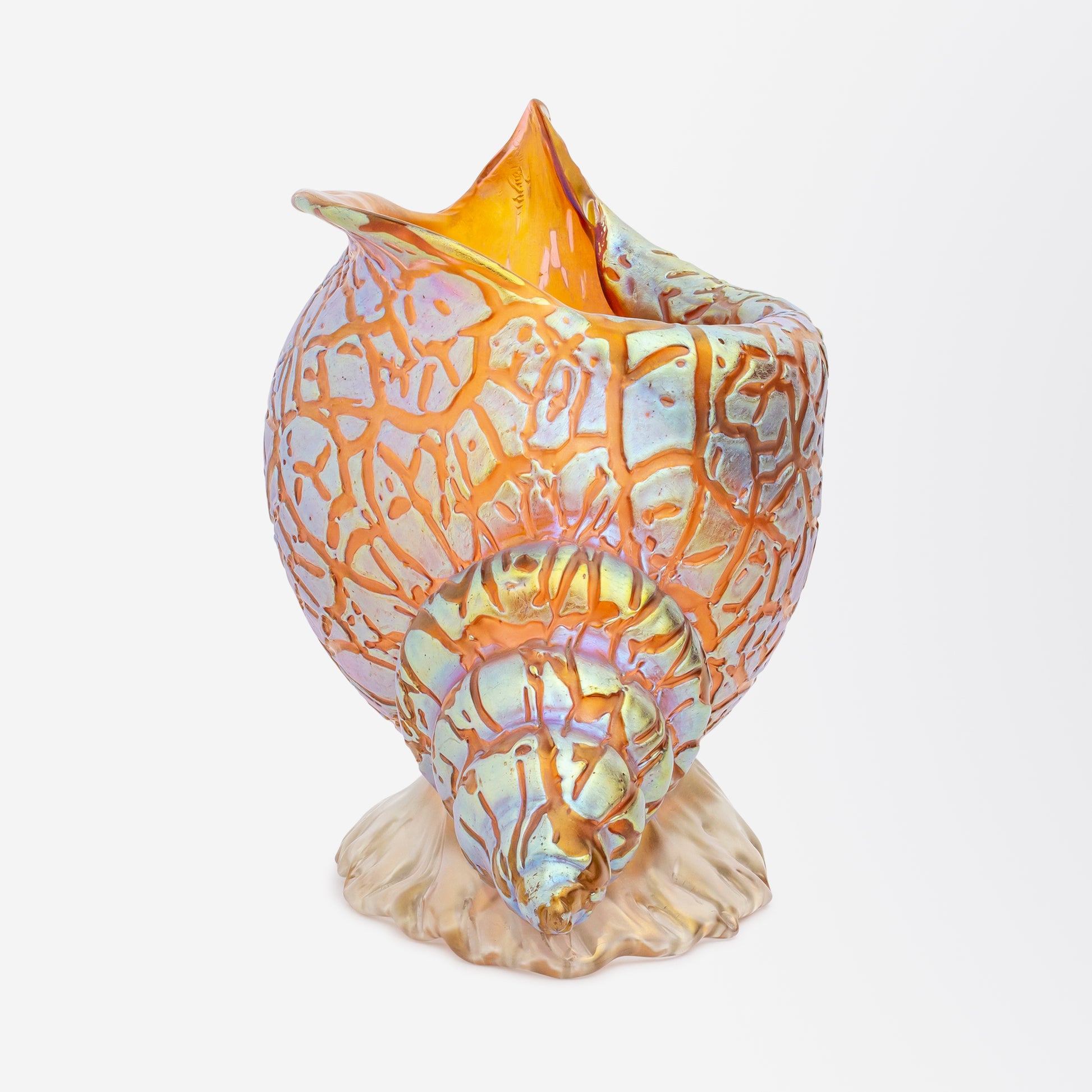 Glass Conch Shell by Loetz in Pink Ground with Mimosa Decor