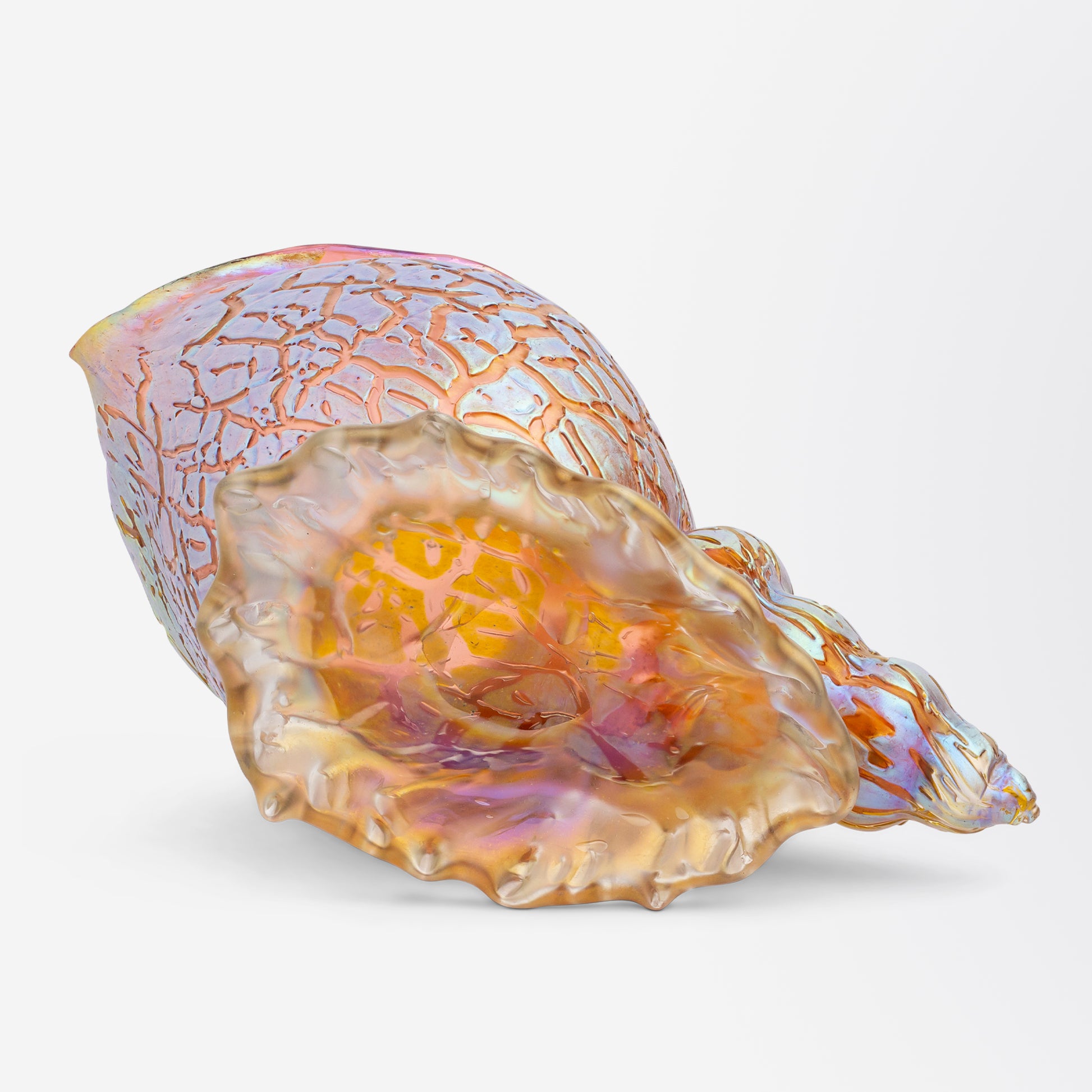 Glass Conch Shell by Loetz in Pink Ground with Mimosa Decor