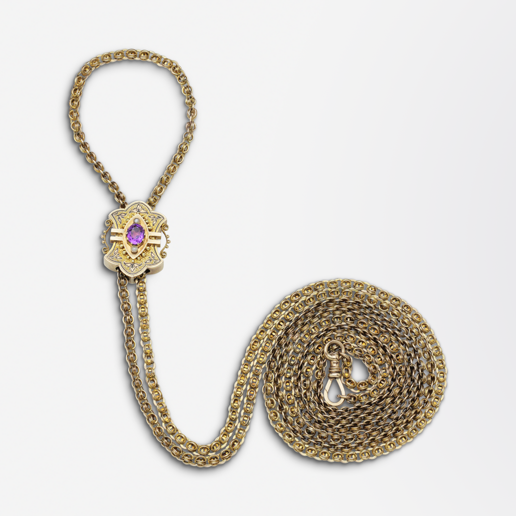 19th Century, English, 9kt Yellow Gold Muff Chain with Slider Pendant