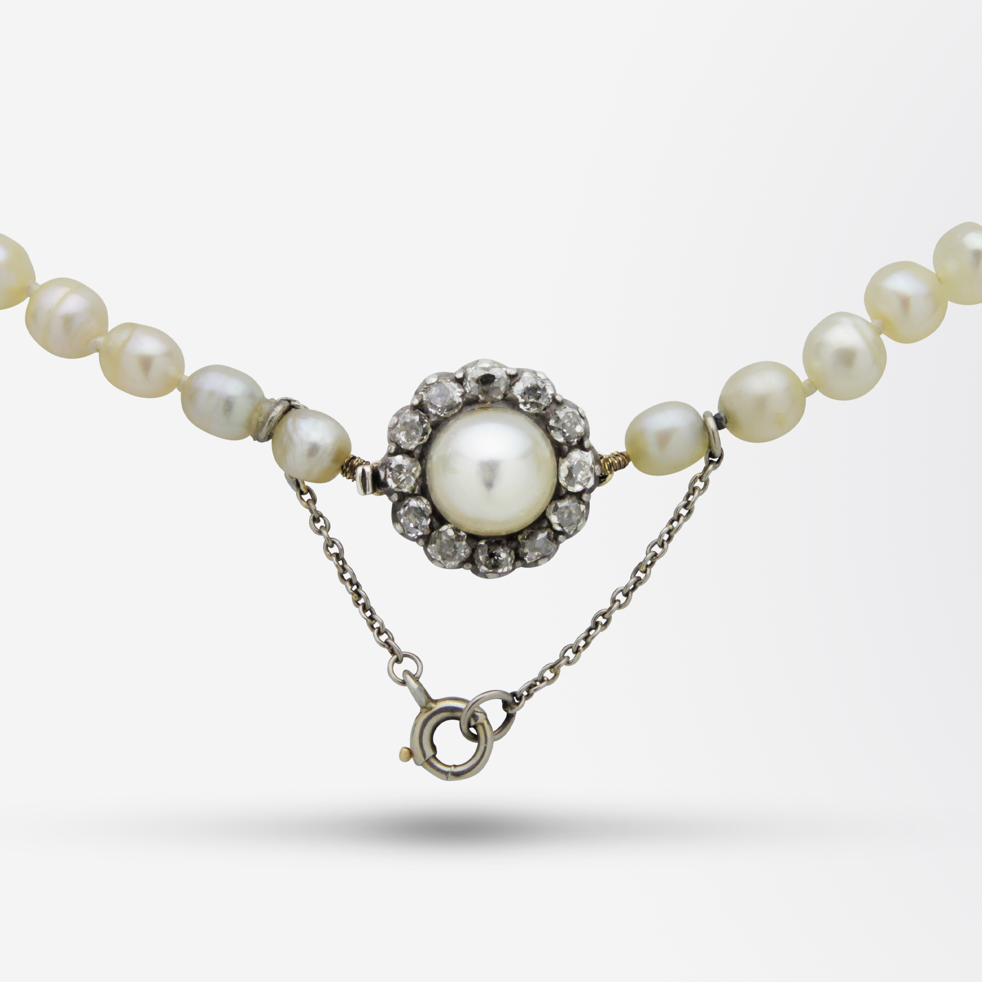 Strand of 85 Natural Pearls With 15kt Gold and Diamond Clasp The