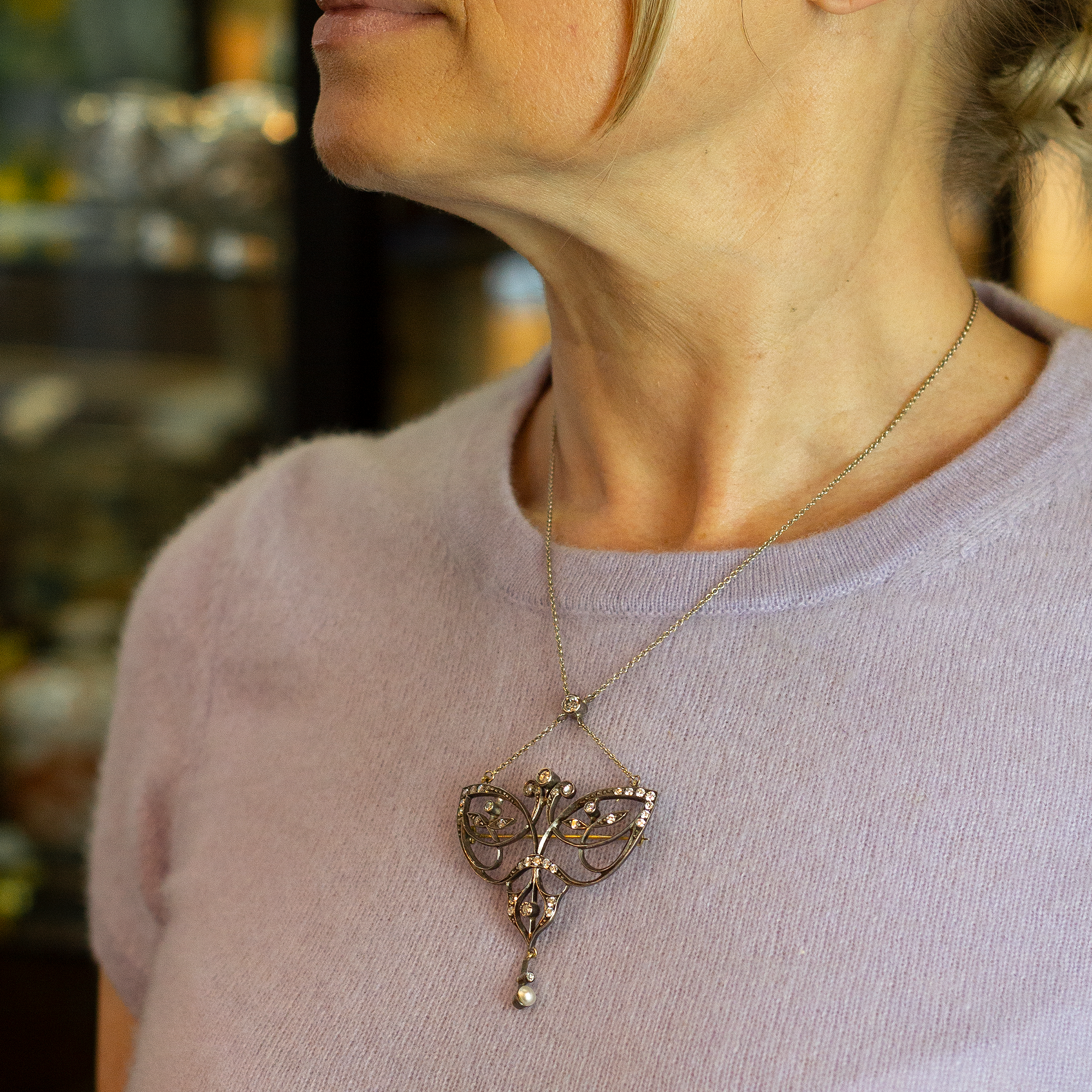 Broche/Collier en diamant Art Nouveau original