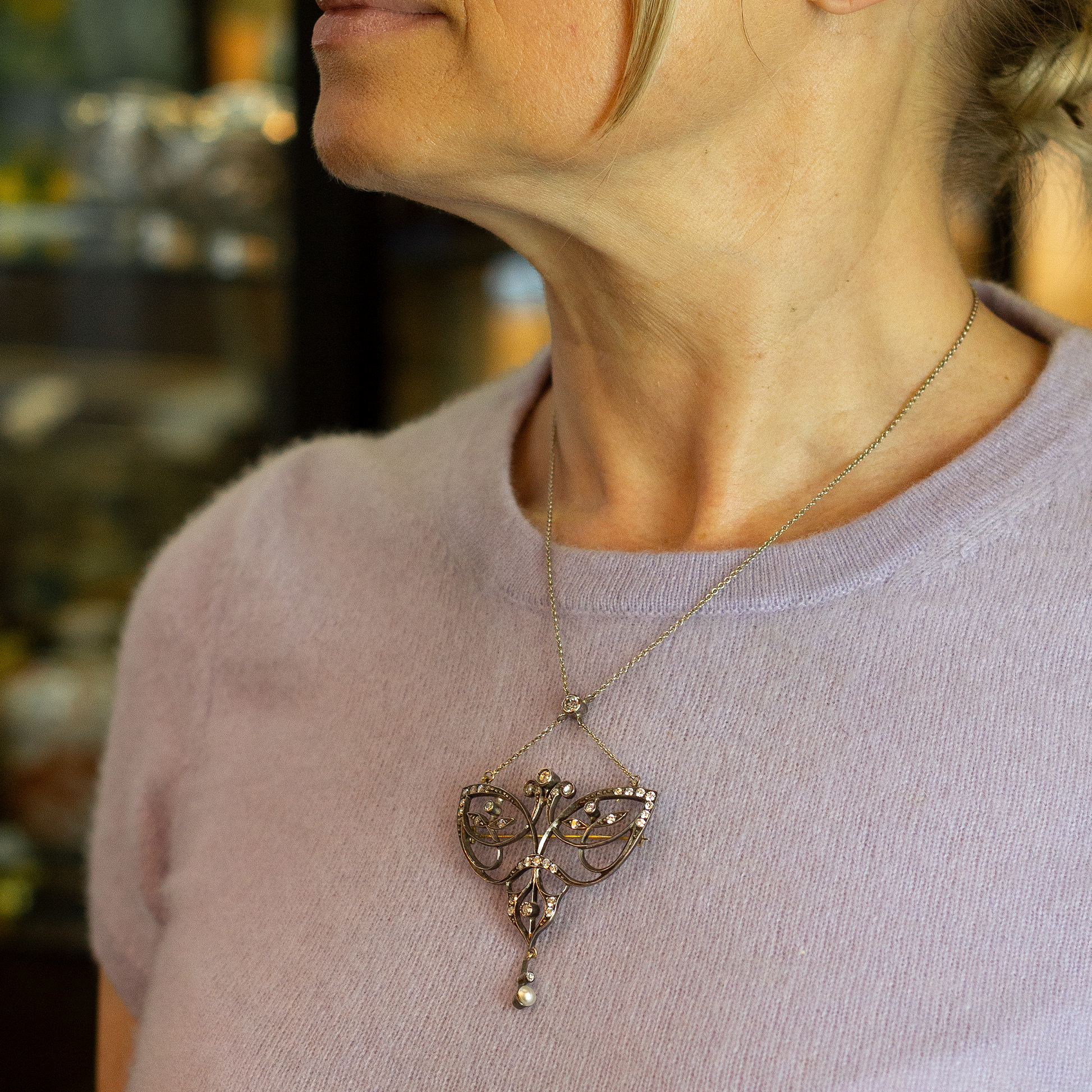 Broche/Collier en diamant Art Nouveau original