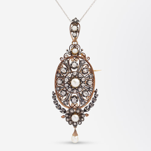 French, Rose Gold, Diamond & Pearl Brooch Pendant, Circa 1850