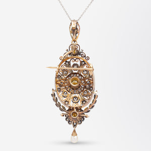 French, Rose Gold, Diamond & Pearl Brooch Pendant, Circa 1850