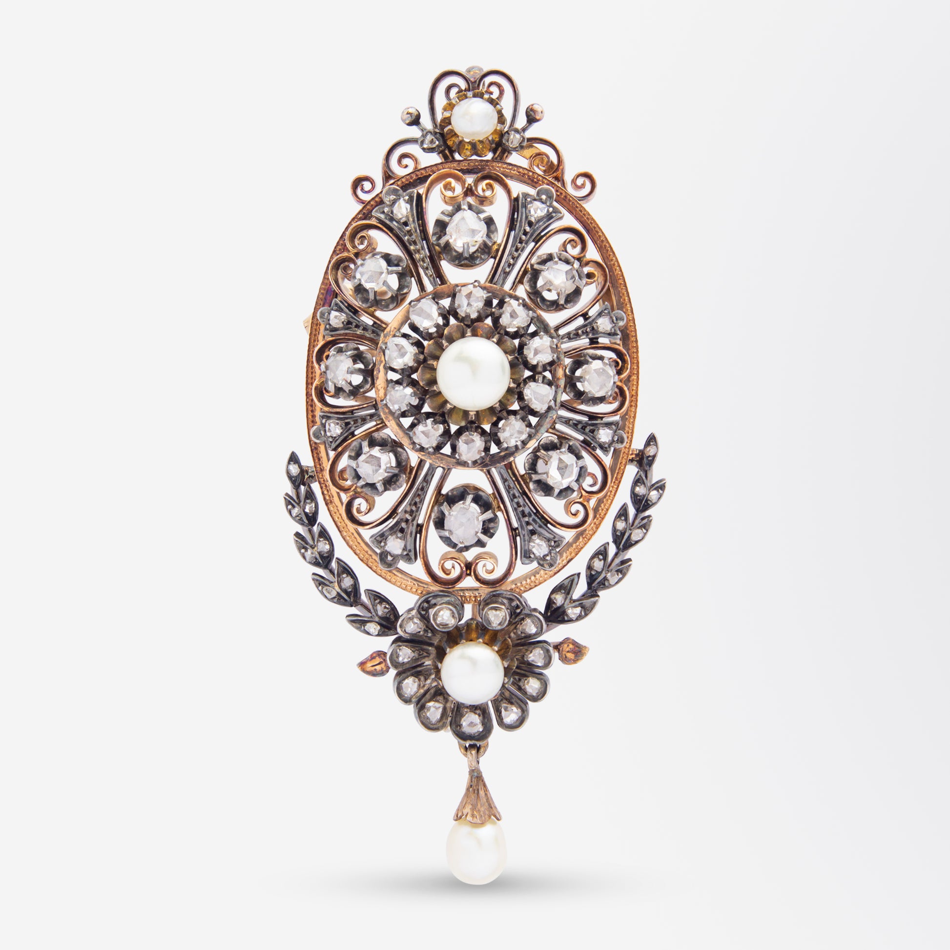 French, Rose Gold, Diamond & Pearl Brooch Pendant, Circa 1850