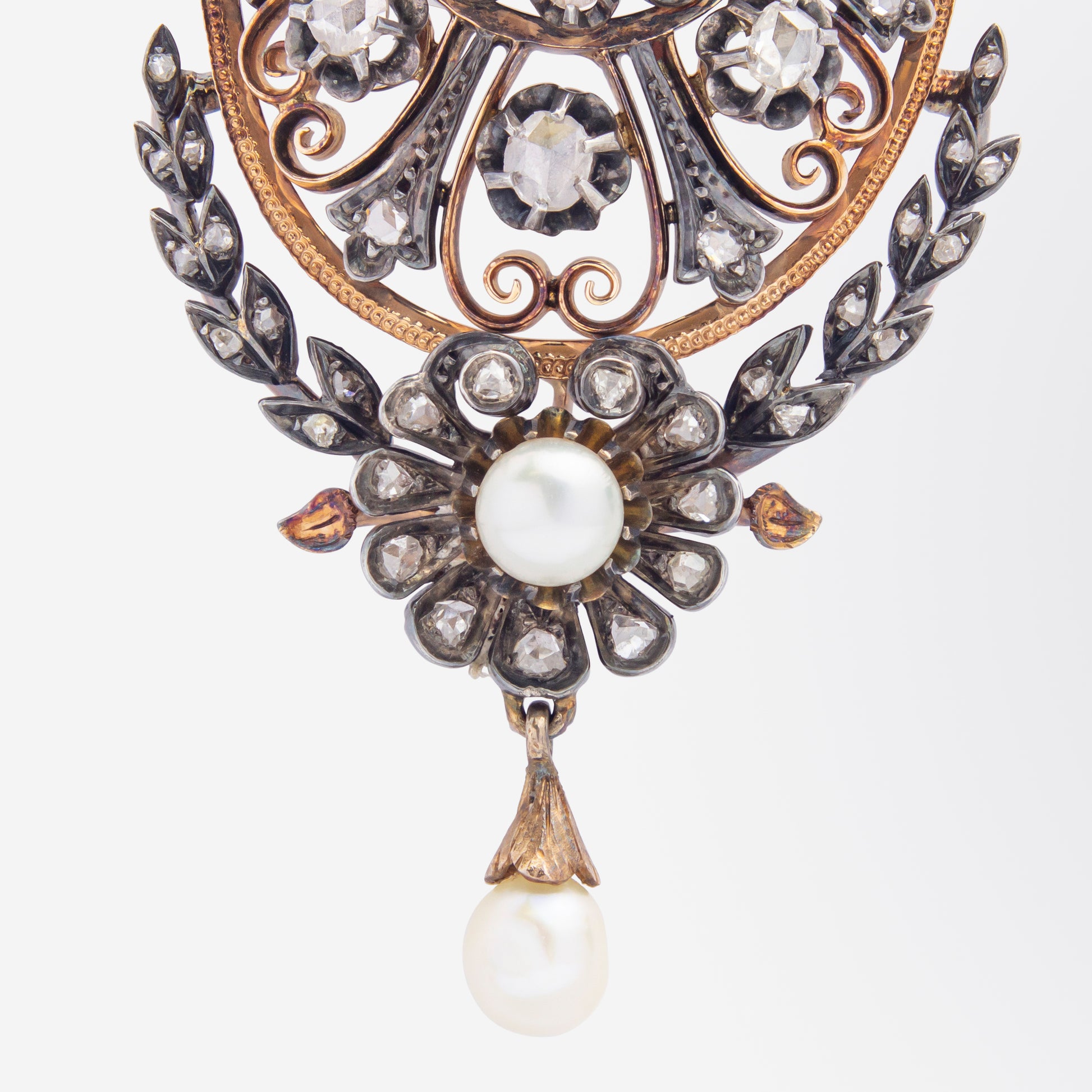 French, Rose Gold, Diamond & Pearl Brooch Pendant, Circa 1850