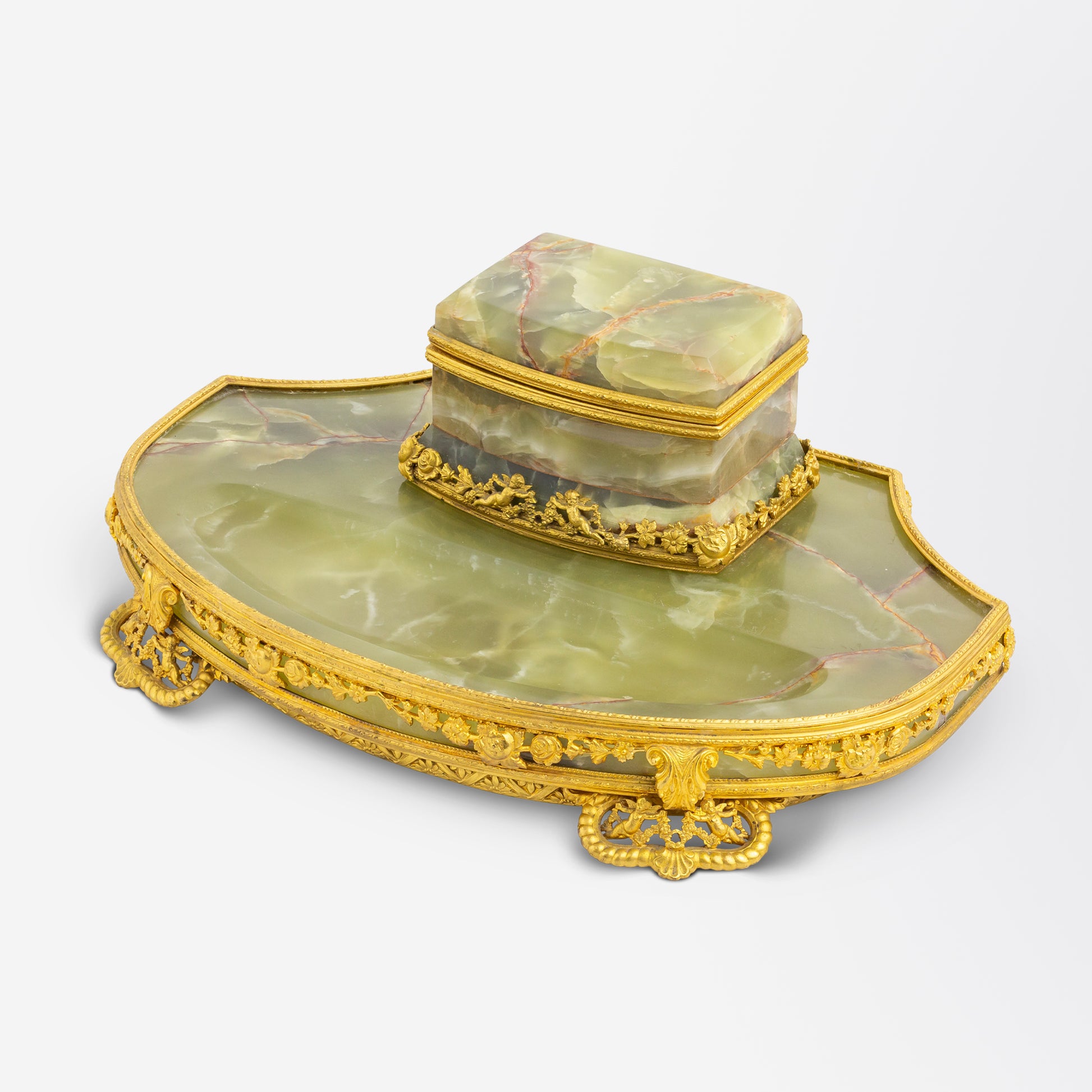 Late 19th Century French Green Onyx and Ormolu Inkwell