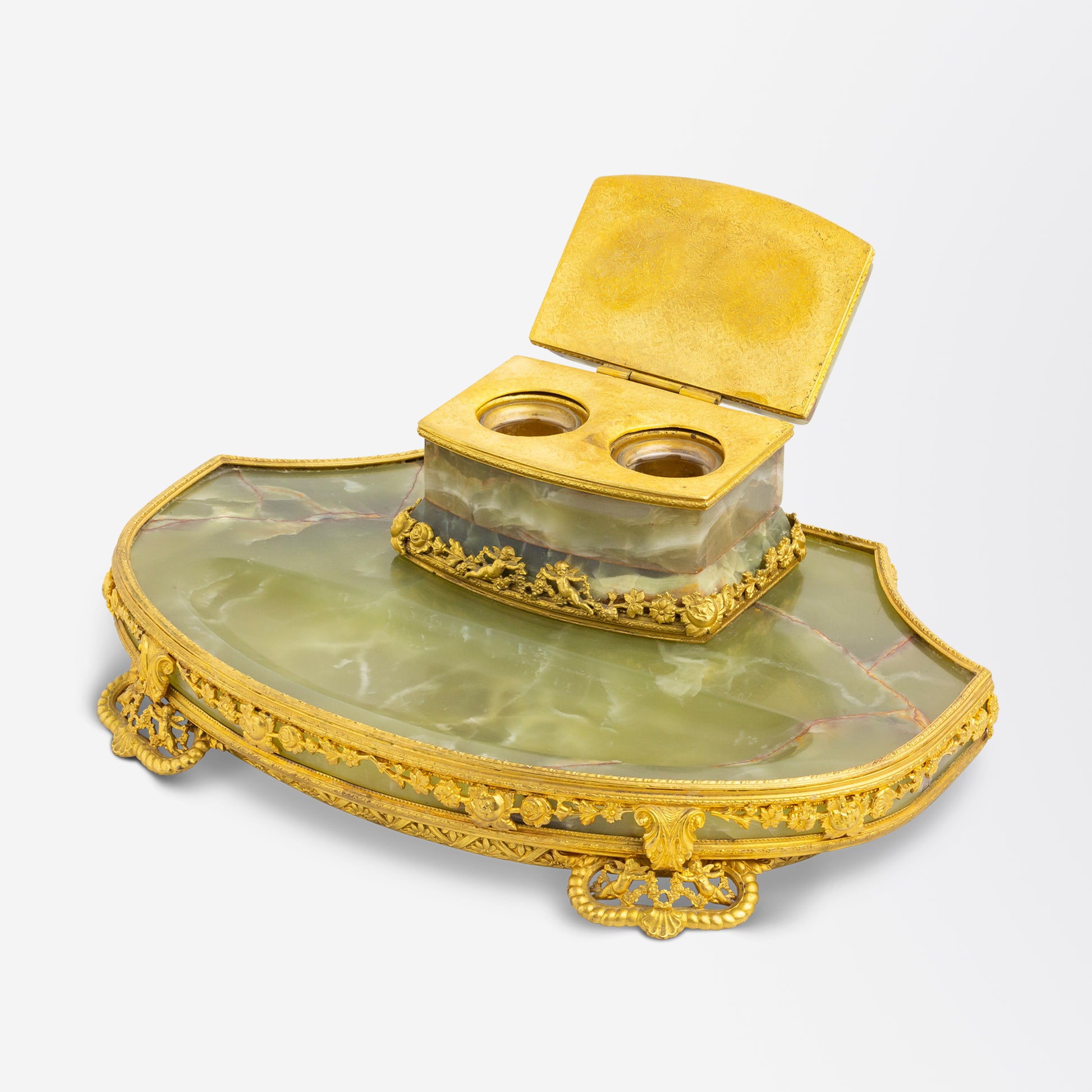 Late 19th Century French Green Onyx and Ormolu Inkwell