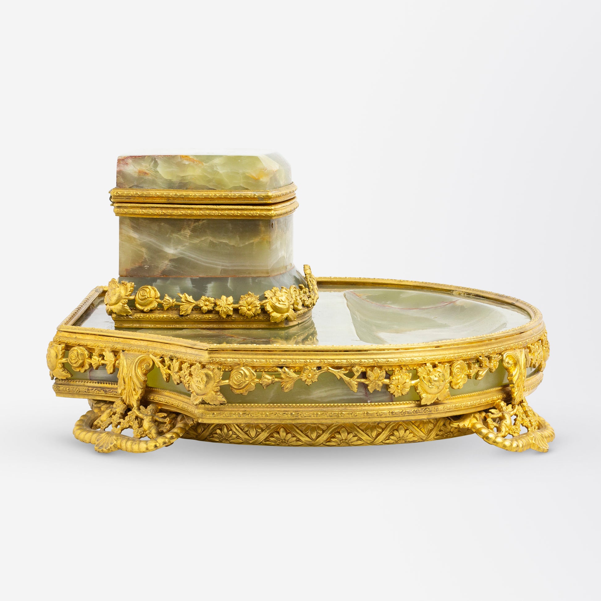 Late 19th Century French Green Onyx and Ormolu Inkwell