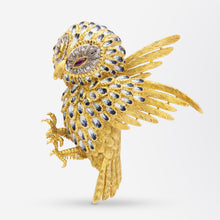 Load image into Gallery viewer, Handmade 18kt Gold Owl Brooch with Ruby and Diamond Eyes