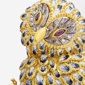 Handmade 18kt Gold Owl Brooch with Ruby and Diamond Eyes