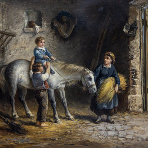 Late 19th Century Oil on Canvas Painting of Children in a Stable