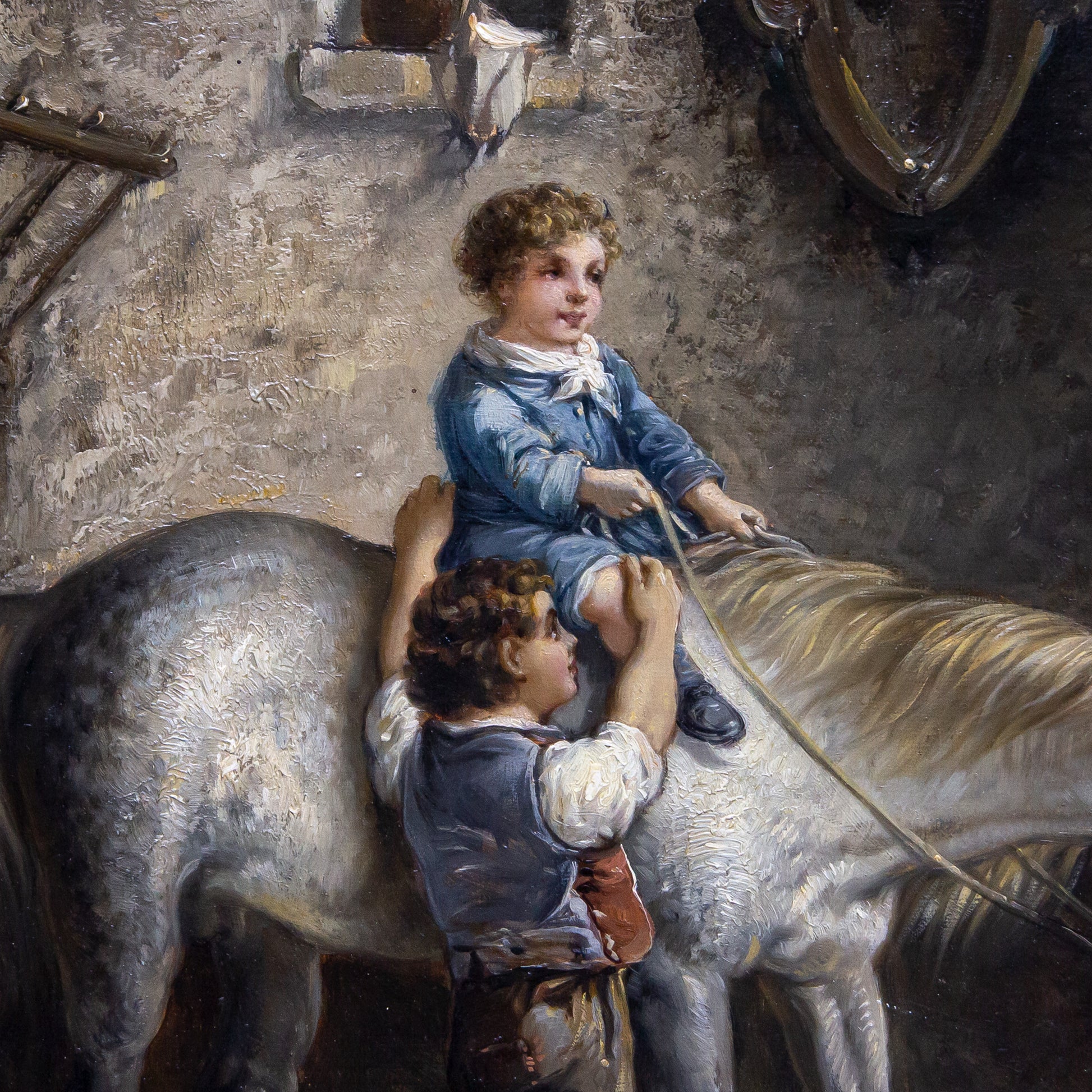 Late 19th Century Oil on Canvas Painting of Children in a Stable