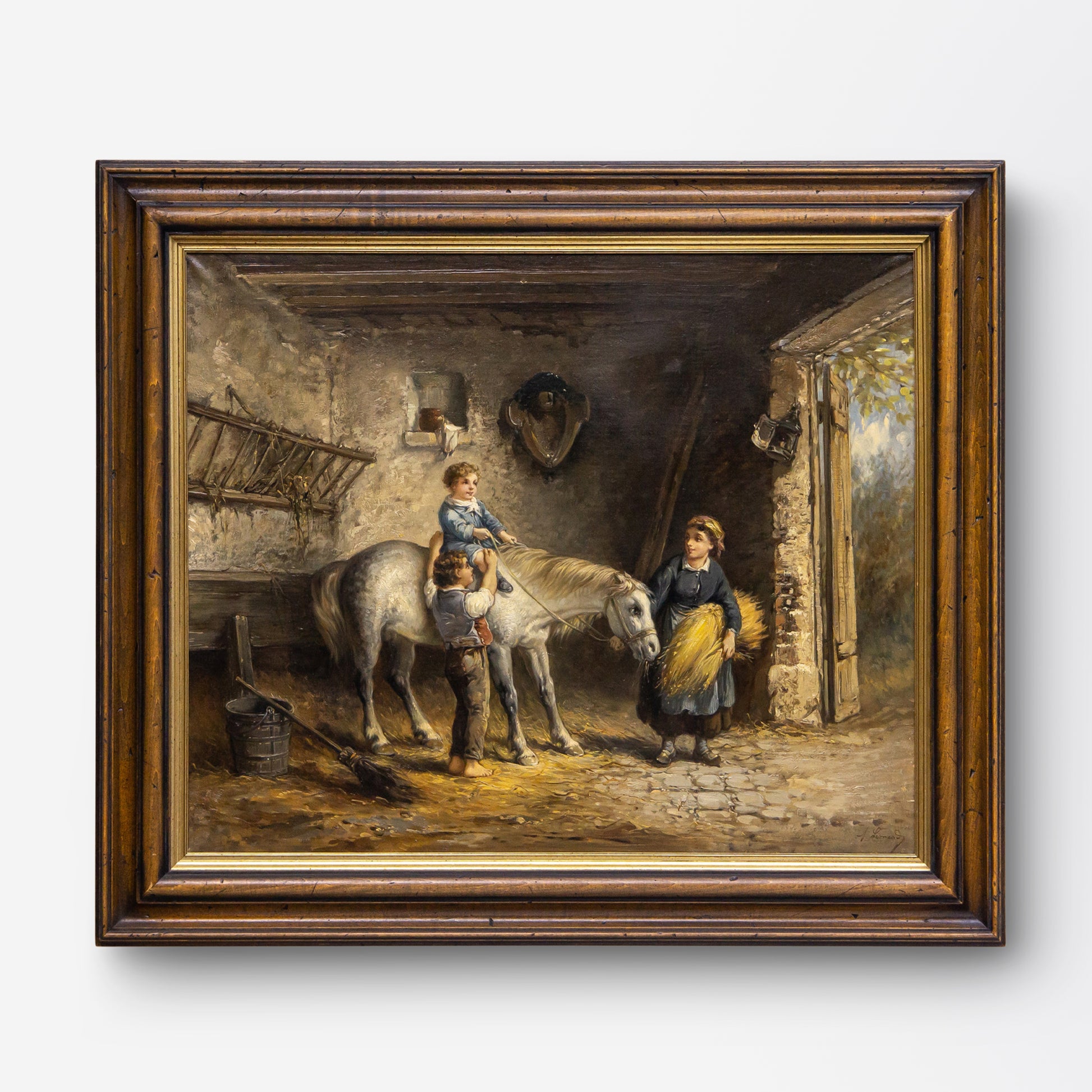 Late 19th Century Oil on Canvas Painting of Children in a Stable