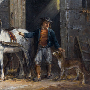 Late 19th Century French Oil on Canvas Depicting a Man Outside Stables