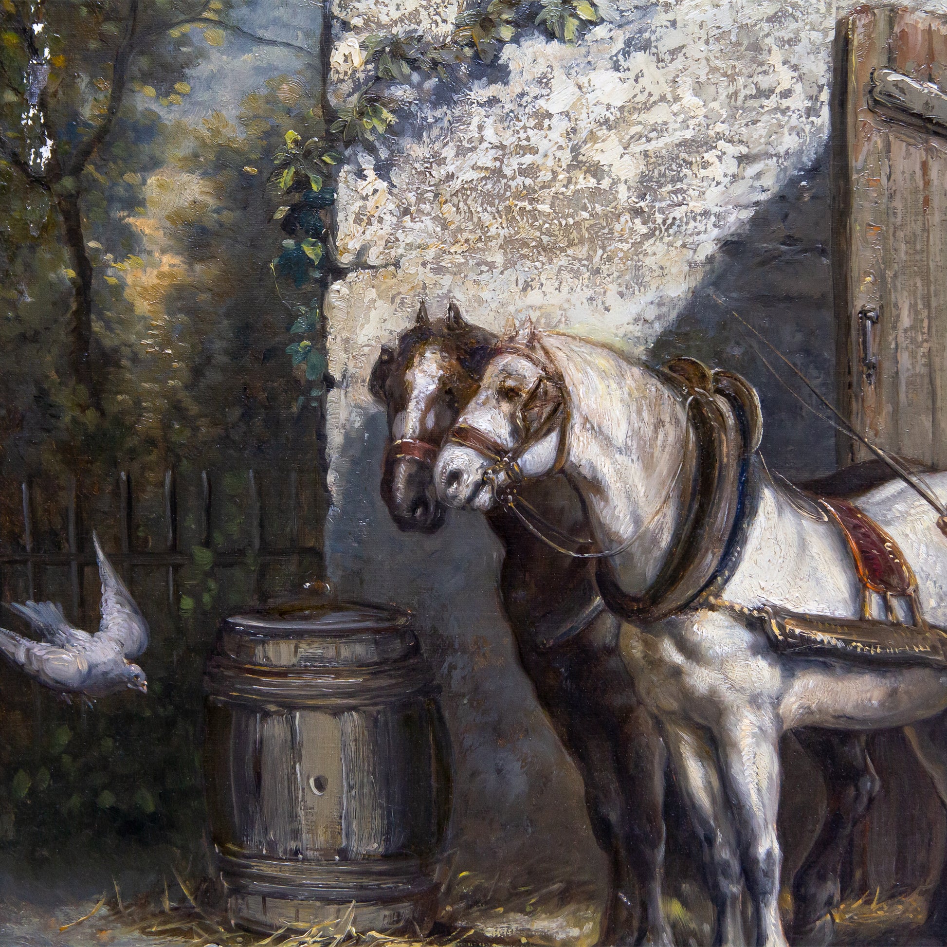 Late 19th Century French Oil on Canvas Depicting a Man Outside Stables