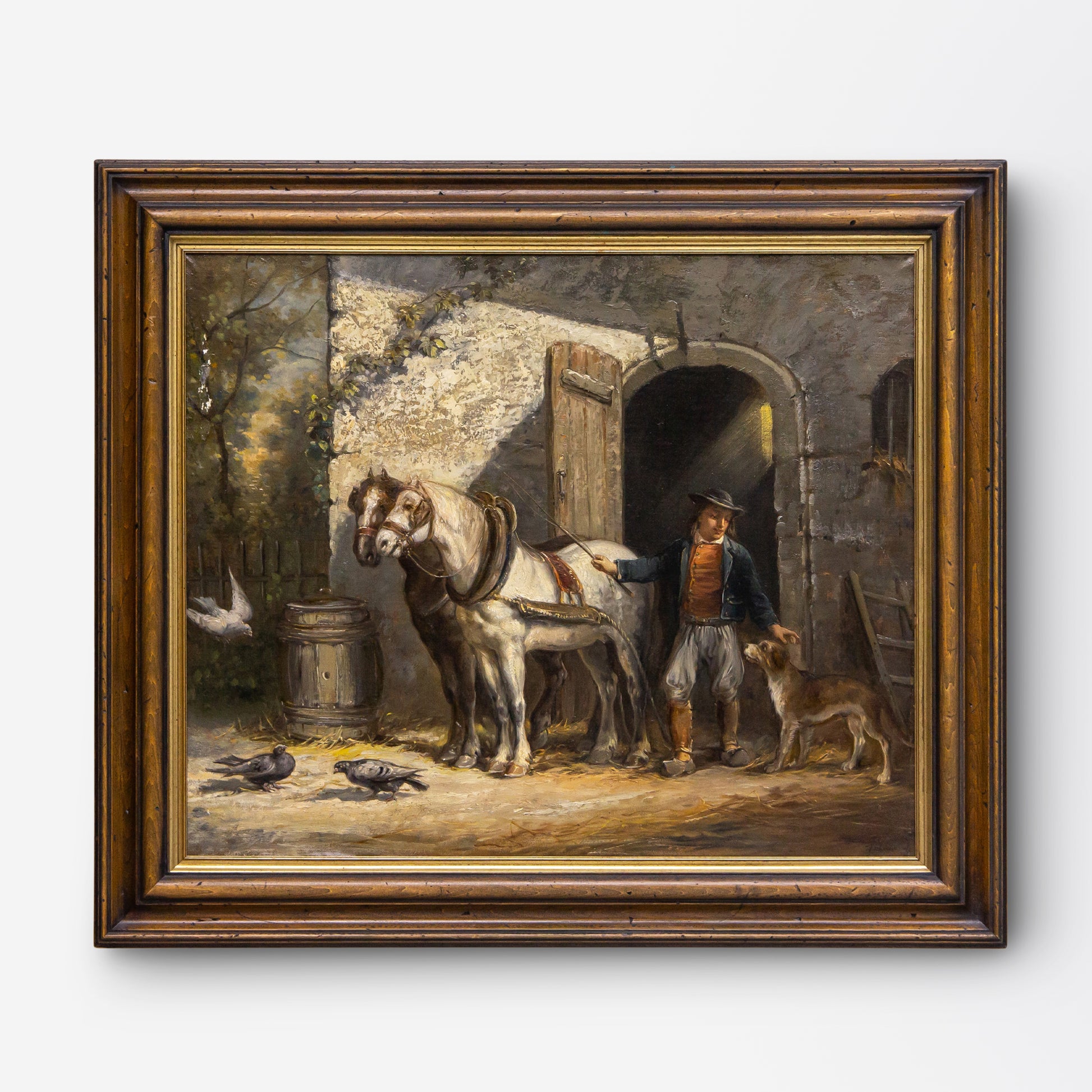 Late 19th Century French Oil on Canvas Depicting a Man Outside Stables