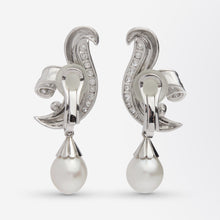 Load image into Gallery viewer, French Retro Period Platinum, Pearl, and Diamond Drop Earrings