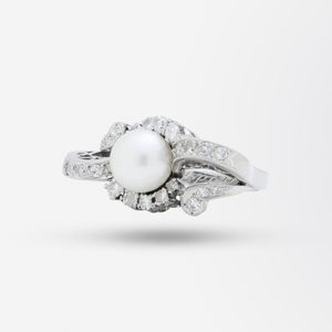 Retro Period, 18kt White Gold, Pearl, and Diamond Ring