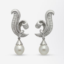 Load image into Gallery viewer, French Retro Period Platinum, Pearl, and Diamond Drop Earrings