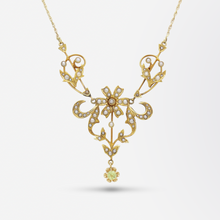 Load image into Gallery viewer, Art Nouveau, 14kt Yellow Gold, Peridot and Pearl Lavalier Necklace