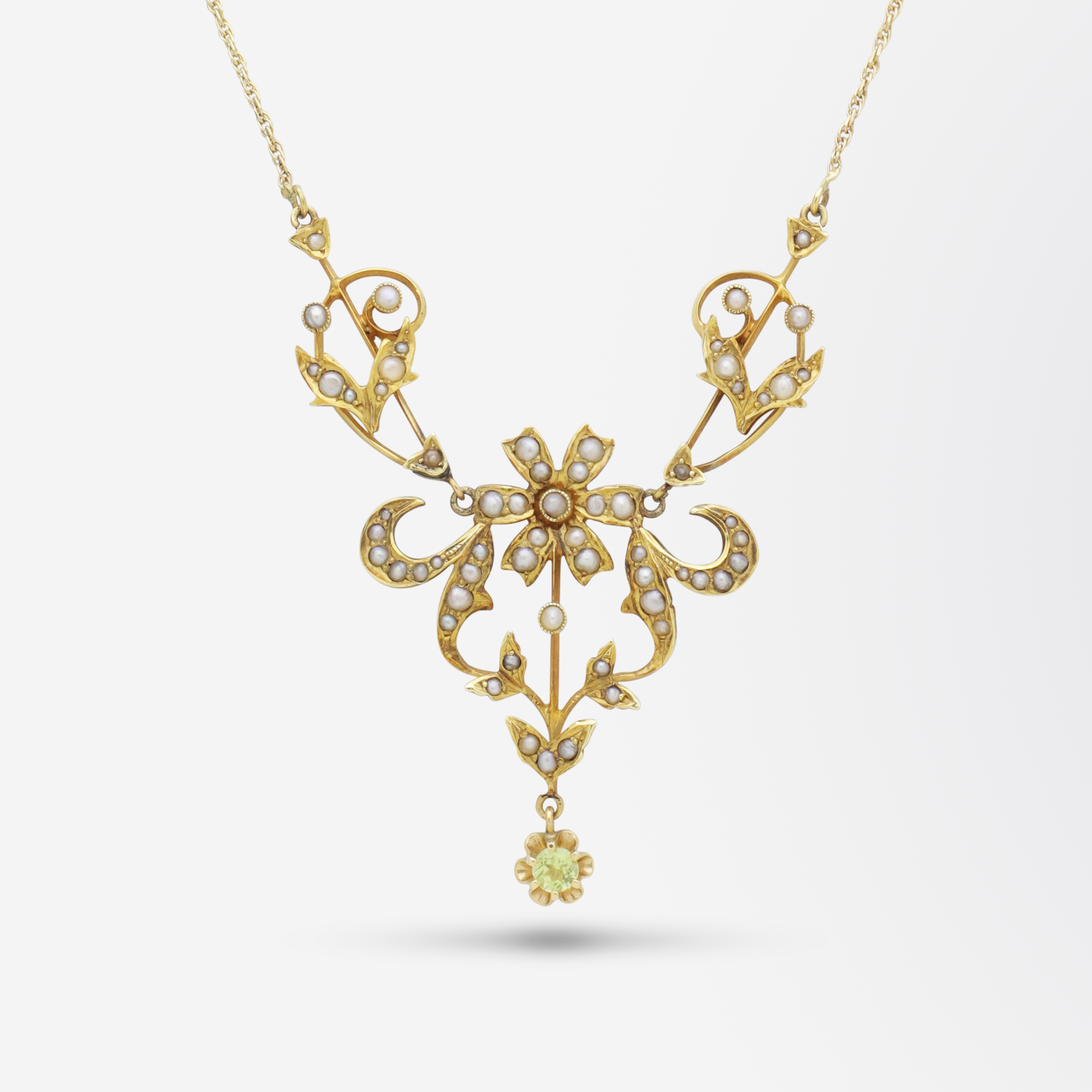 Art Nouveau 14kt Yellow Gold Peridot and Pearl Lavalier Necklace