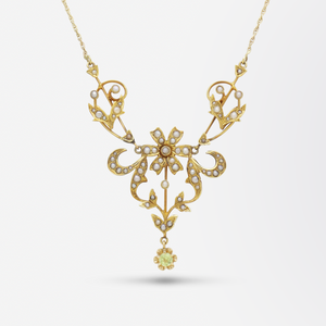 Art Nouveau, 14kt Yellow Gold, Peridot and Pearl Lavalier Necklace