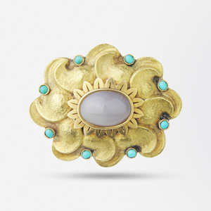 18kt Yellow Gold, Agate and Turquoise Brooch Pin
