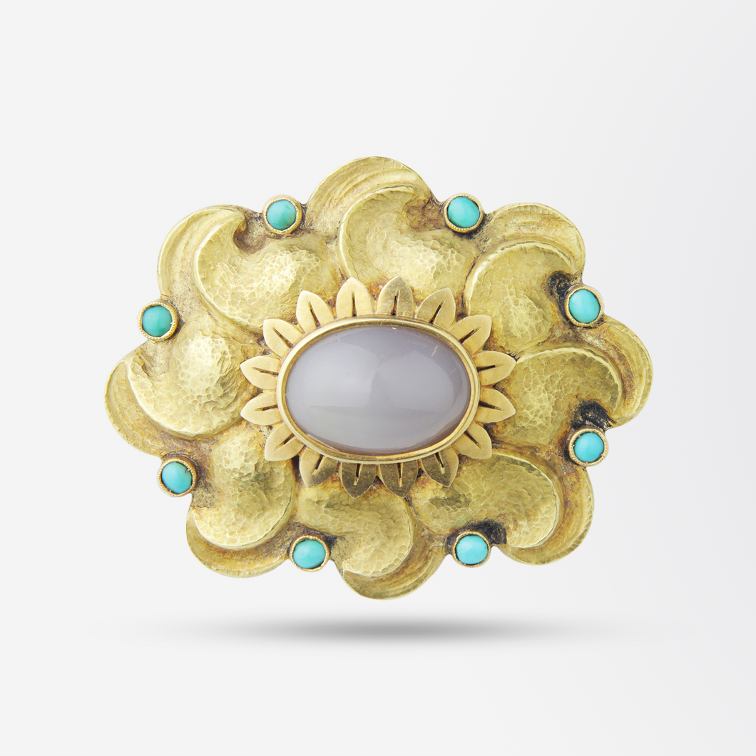 18kt Yellow Gold, Agate and Turquoise Brooch Pin