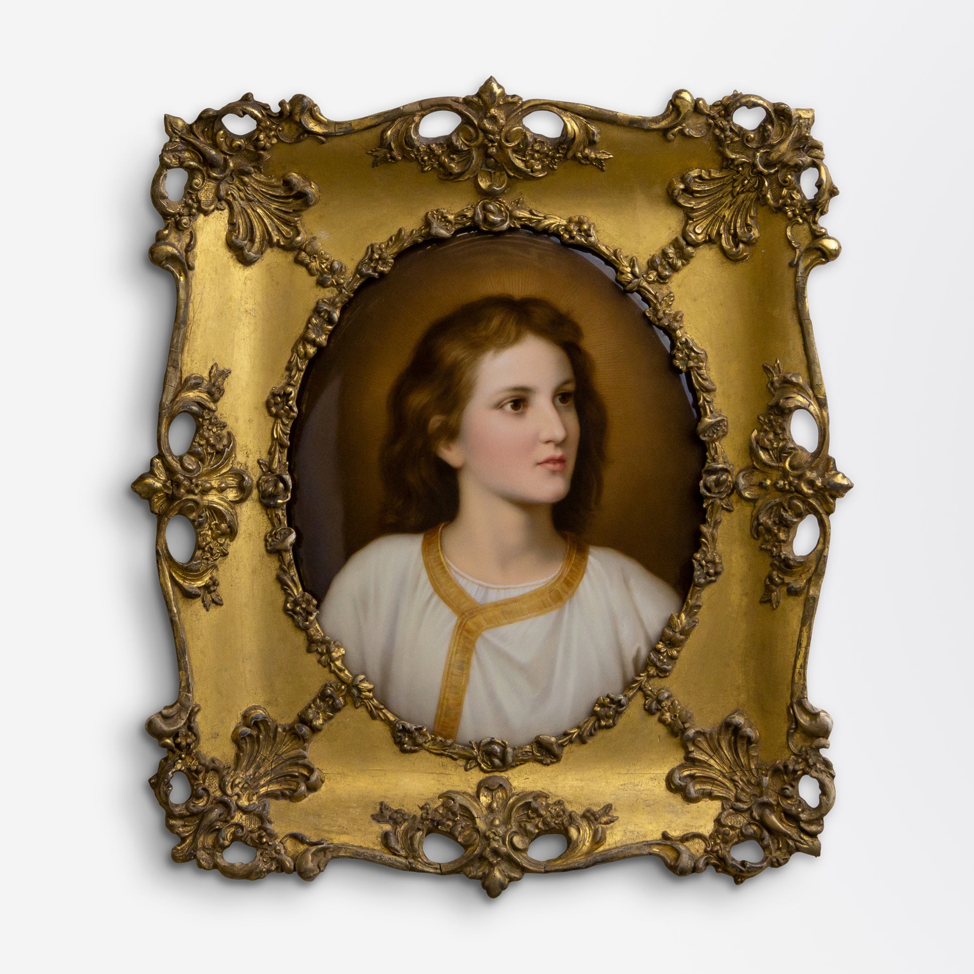 Late 19th Century Portrait on Porcelain of Jesus Christ in Original Gilt Timber Frame