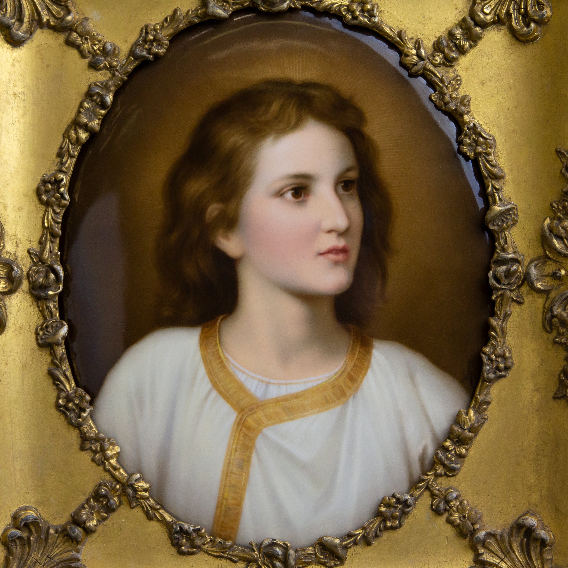 Late 19th Century Portrait on Porcelain of Jesus Christ in Original Gilt Timber Frame