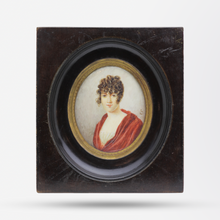Load image into Gallery viewer, English C.1810 Miniature Painting of a Young Woman in Empire Style Dress in Original Dark Timber Frame
