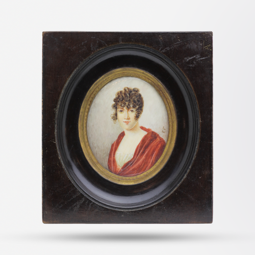 English C.1810 Miniature Painting of a Young Woman in Empire Style Dress in Original Dark Timber Frame