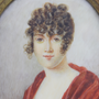 English C.1810 Miniature Painting of a Young Woman in Empire Style Dress in Original Dark Timber Frame