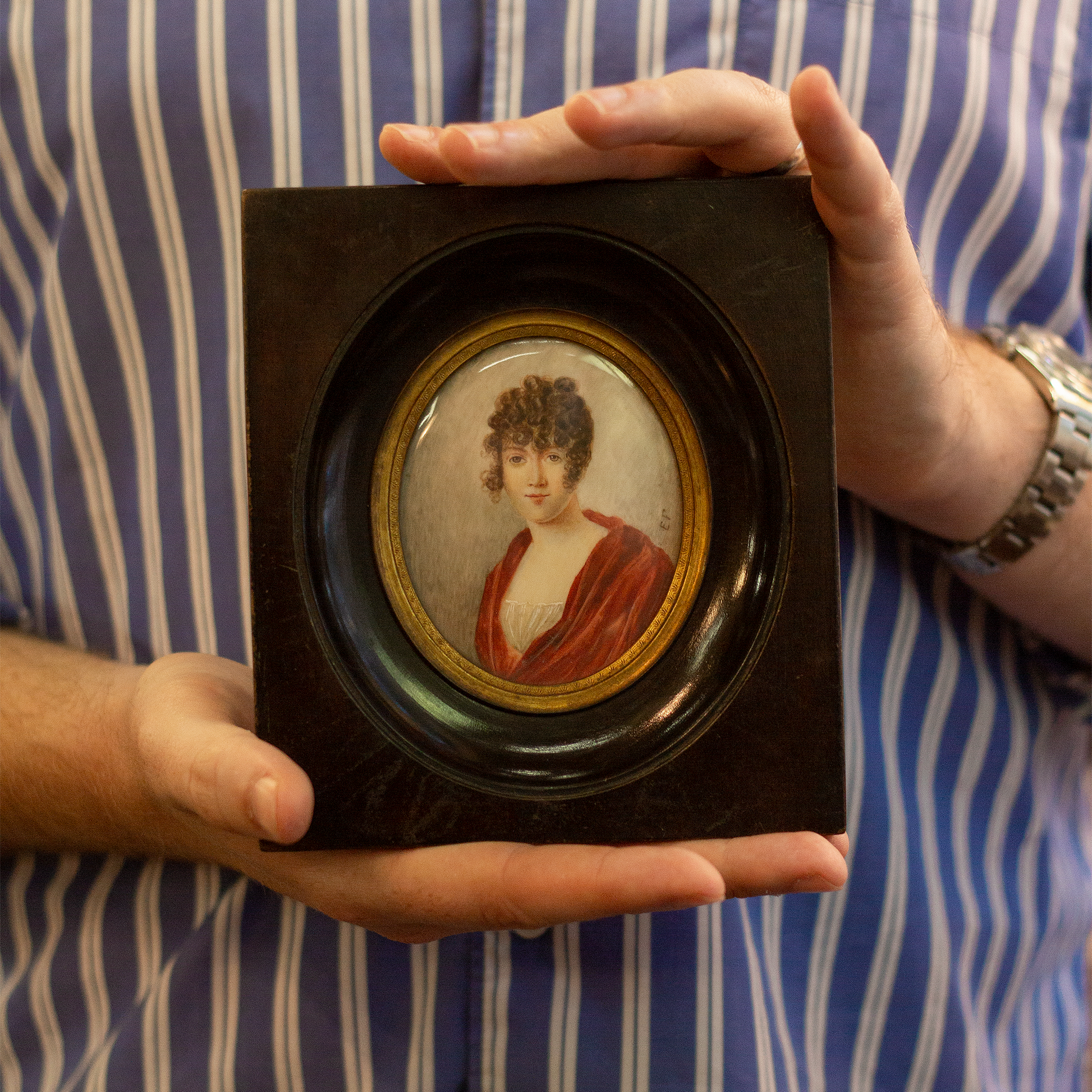 English C.1810 Miniature Painting of a Young Woman in Empire Style Dress in Original Dark Timber Frame